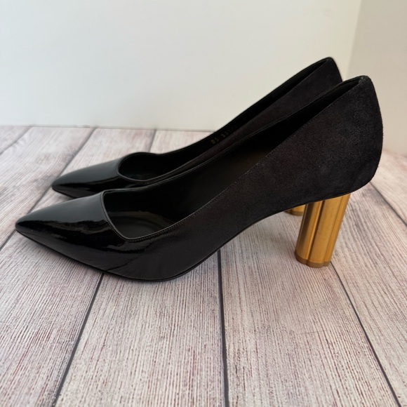 Salvatore Ferragamo Lucca Black Gold Heel Shoes 10 - Picture 3 of 9